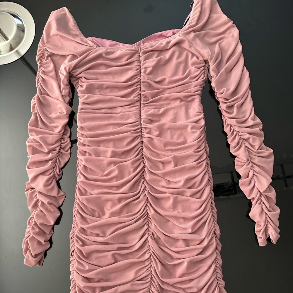 Pink Ruched Puff Sleeve Bodycon Dress - Picture 4 of 5